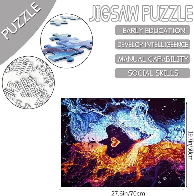 Abstract Fire Couple 1000 Piece Jigsaw Puzzles for Adults Boy and Girl Painting Jigsaw Puzzle Romantic Love 1000 Pieces Puzzles Game Home Wall Decor DIY Craft Heart Pattern Puzzle Art(Colorful)
