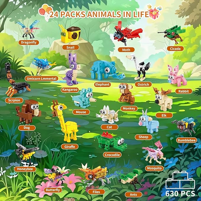 24 Packs Building Sets for Kids,3 in 1, 72 Kinds of Transformable Building Block Toy,Compatible with Mini Lego Animals,Classroom Student Prizes Christmas Birthday Gifts for Kid Age 6+