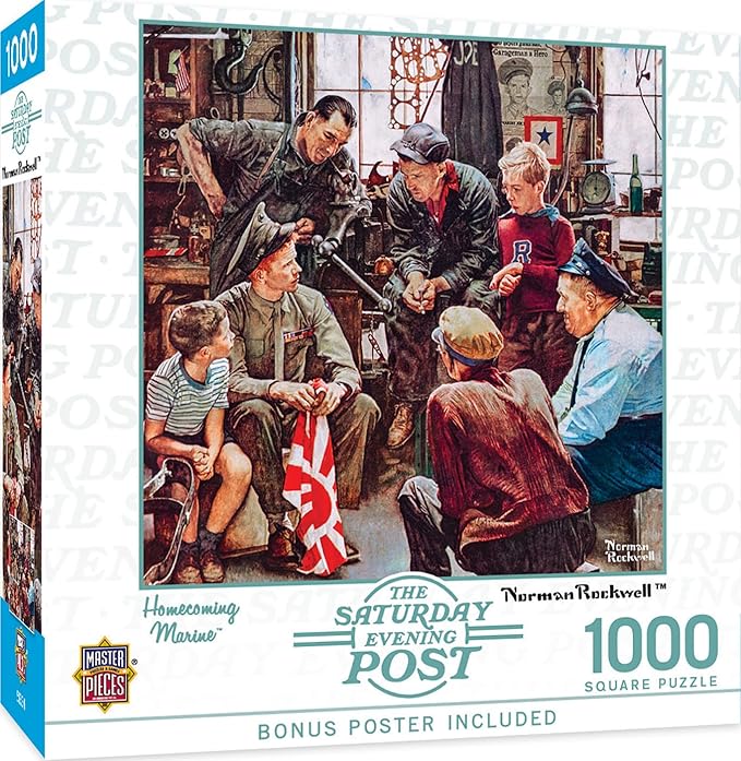 MasterPieces 1000 Piece Jigsaw Puzzle for Adults - Homecoming Marine - 25"x25" - Norman Rockwell Art - Eco-Friendly, Matte Finish, Bonus Poster
