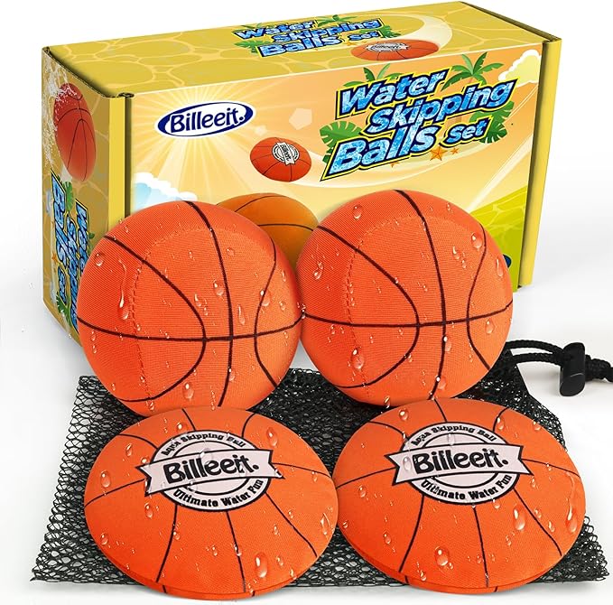 4Pcs Water Skipping Balls for Pool Play, Water Pool Beach Swim Toys for Kids Ages 4-8, 8-12 and Adults, Include 2 Balls and 2 Discs