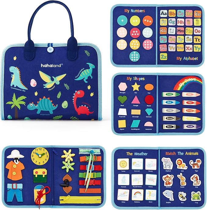 hahaland Busy Board for Toddlers - Montessori Toys Preschool Learning Activities with Life Skills, Alphabet, Number, Shape, Color, Animal, Weather - Toddler Boy Learning Educational Toys, Travel Toys