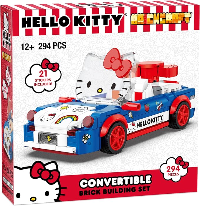 Brickcraft Officially Licensed Sanrio Hello Kitty Convertible Car Building Set, 294-Piece Multicolor Brick Kit with Detailed Character Face, Sticker Sheet Included