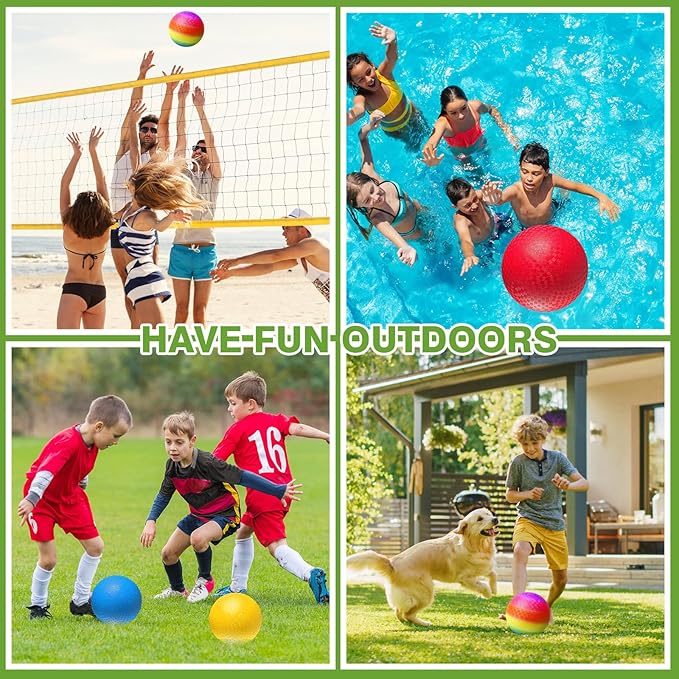 8.5 Inch Playground Balls Dodgeballs for Kids & Adults, Pack of 6 – Inflatable Colorful Rubber Kickball with Ball Pump and Net Bag