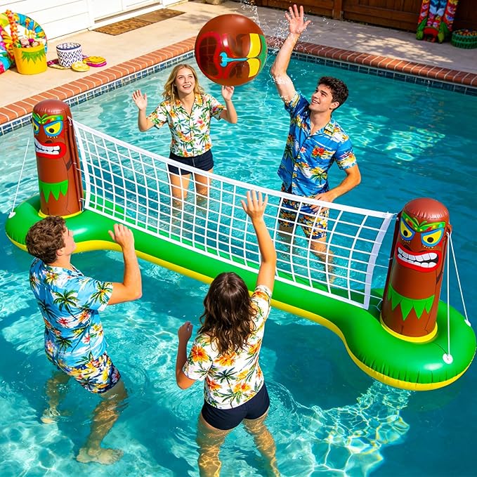 Large Inflatable Luau Tiki Pool Games Volleyball Net Pool Float Set with 9" Beach Ball, Floating Swimming Water Sports Game Toy for Adults, Summer Luau Tropical Hawaiian Party Supplies