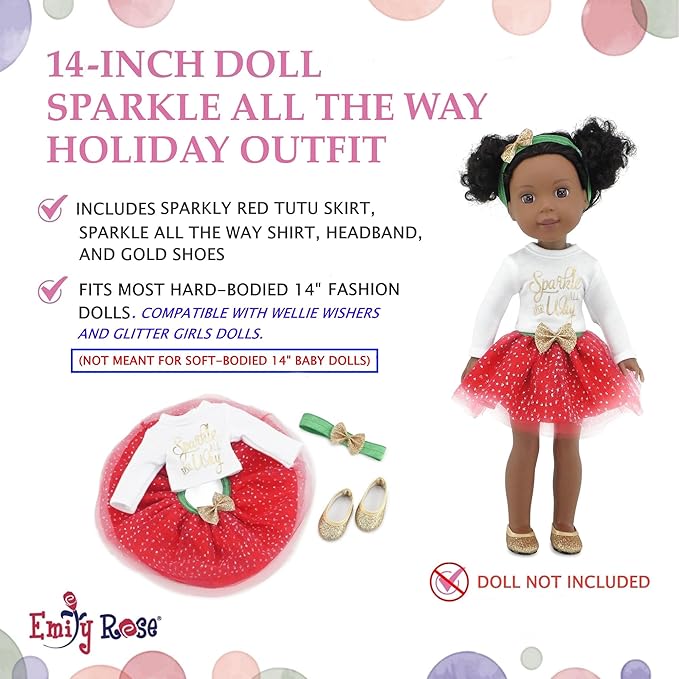 Emily Rose 14 Inch Doll Christmas Outfit 4-PC Holiday Set | Red Green Gold Sparkly Clothes | Compatible with Glitter Girls, Wellie Wishers, and Hearts for Hearts Dolls USA Brand