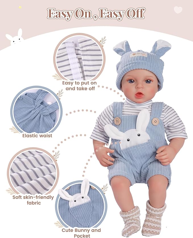 BABESIDE 4-Piece Baby Doll Clothes for 15-18 Inch Dolls, Doll Outfit Accessories with Bunny Pattern fit Baby Dolls, Easter Pretend Play Accessories Gift for Boys & Girls,Blue