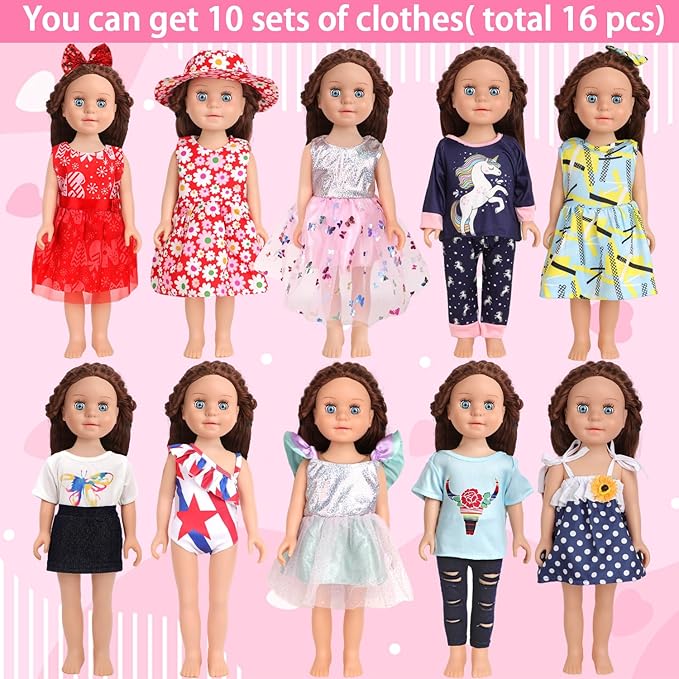 10 Sets of 18 Inch American Doll Clothes, Including 10 of Doll Clothing Dress Outfits for American Dolls, Birthday Gifts for Kids