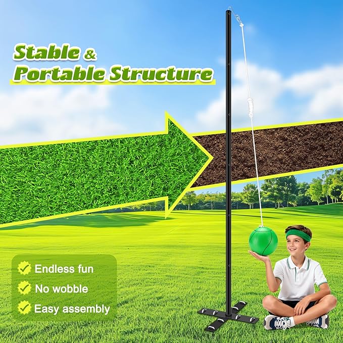 GADFISH Backyard Tetherball Set with Ball & Rope, Adjustable Tetherball Set, Traditional Tetherball Equipment for Playing Outdoor, Lawn, Sand (Dark)