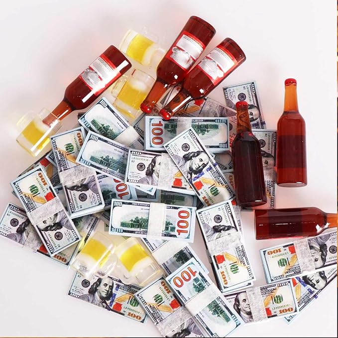 1 Set Doll Props 1/6 Scale Mini Beer Bottles with Glasses&Box Set Mini Money Model for Miniature Doll Accessories Action Figure Props, DIY Crafts,RC Crawler Car Accessories Tiny Collectibles