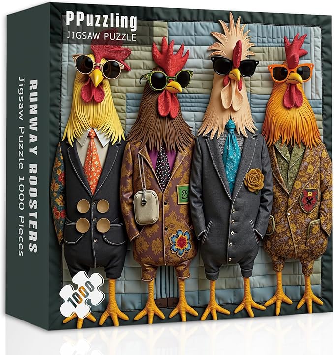 Funny Chicken Family Puzzle 1000 Pieces, Vintage Stylish Roosters Jigsaw Puzzles, Colorful Animal Chickens Puzzle