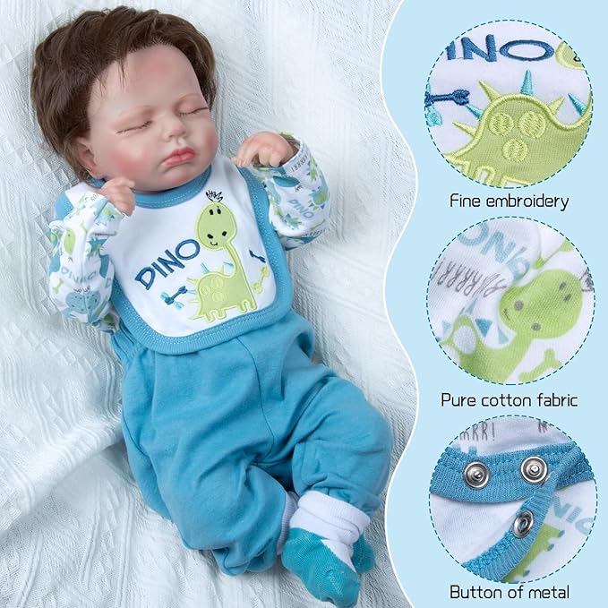 12 Pcs Reborn Baby Doll Clothes Boy Blue Dinosaur Outfit Accessories for 17-22 Inch Reborn Dolls Newborn Baby Boy Clothes Set with Backpack Diaper