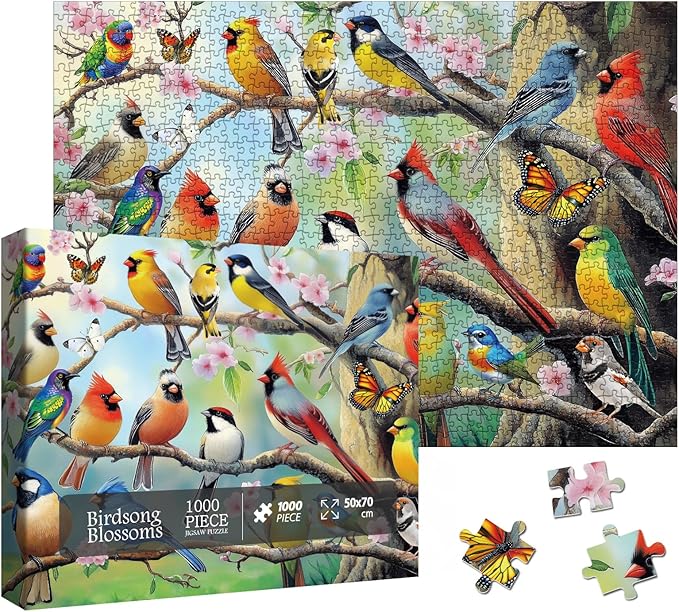 Beautiful Bird Flower Butterfly Puzzles for Adults 1000 Pieces, Colorful Garden Parrot Animal Jigsaw Puzzle, Impossible Spring Art Puzzles