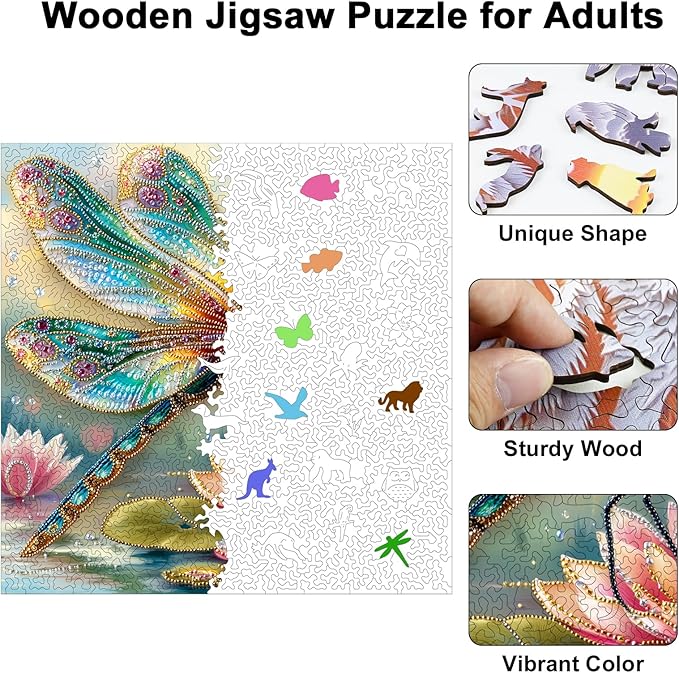 Wooden Puzzles for Adults, 210 Pieces Unique Dragonfly & Lotus Pattern Wooden Jigsaw Puzzle, Sparkling 3D Decorative Wood Puzzle, Easter Gift for Mom, for Adult Puzzle Lovers