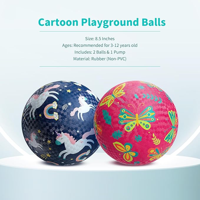 ZOOJOY Pack of 2 Cartoon Playground Balls, Balls for Toddler 3-12, 8.5" Rubber Ball Bouncy Kickball, Indoor & Outdoor Game Toys for Boys Girls with Pump
