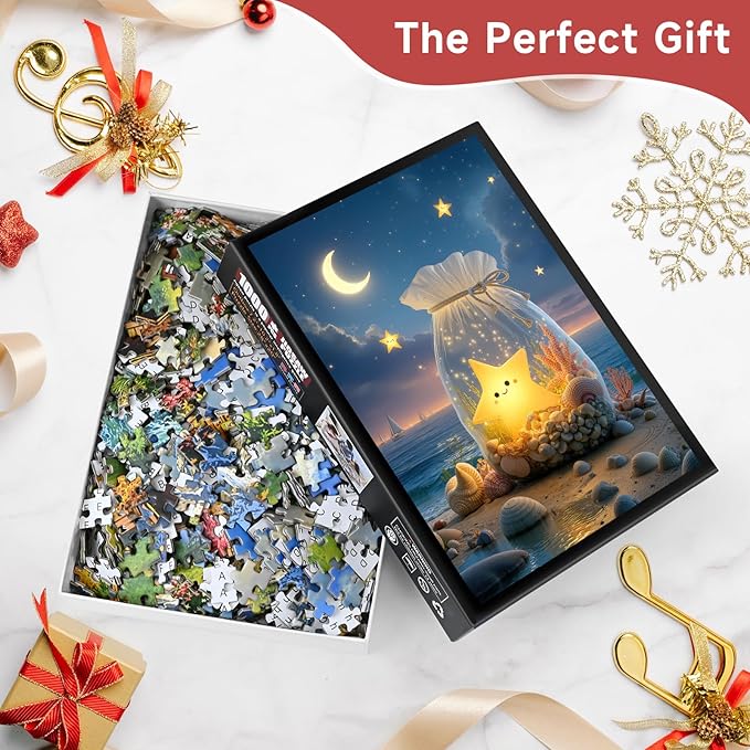 Glowing Starfish Beach 1000 Piece Puzzle for Adults - Cute Star in Bag & Night Ocean Art, Poster & Lettered Back, 20"x28" HD, Gift for Kids & Fantasy Lovers