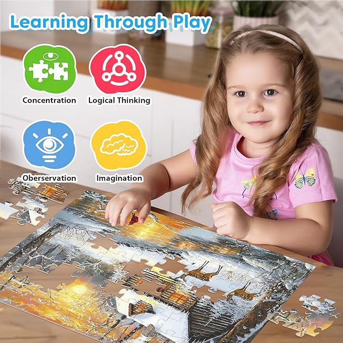 4-Pack 100 Piece Puzzles for Adults 4 Seasons Country Cottages Large Piece Puzzles for Seniors Dementia Alzheimer's Products Activities for Elderly Adults Kids Puzzle for Kids Ages 6-8 8-10