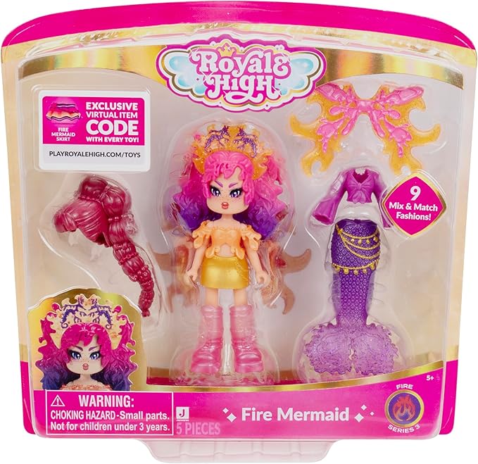 Royale High 3” Fire Mermaid Fashion Doll - 1 Figure with 9 Fashion Accessories - Virtual Item Code Included - Series 3 - Ages 5+