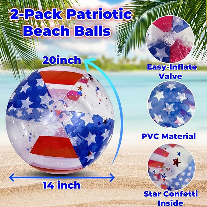 Sean's Choice 2 Pack Patriotic Beach Balls 20 Inch Inflatable Ball Filled with Stars Confetti 4th of July Summer Inflatable Swimming Pool Party Supply
