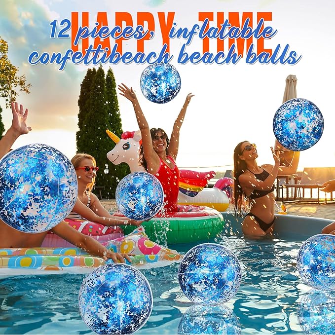 Lewtemi 12 Pcs Inflatable Glitter Beach Balls 16 Inch 24 Inch Shiny Giant Confetti Balls Swimming Pool Beach Blow up Balloon for Outdoor Summer Party Wedding Decor(Blue)