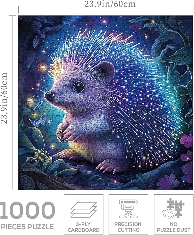 Magic Hedgehog Forest Puzzle 1000 Pieces for Adults, Fantasy Starry Night Animal Jigsaw Puzzle, Butterfly Glitter Plant Woodland Puzzles