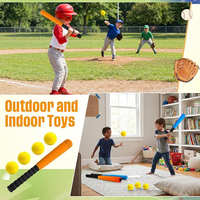 Wettarn 4 Pcs 16.5" Foam Baseball Bat with Balls Kids Soft Mini Foam Baseballs T Ball Bat Gift Set for Outdoor Indoor Sport Game Beginners Practice Playing Training (Red, Blue, Orange)