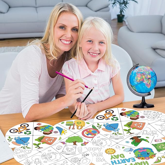 COcnny Earth Day Coloring Craft- 24 Sets Color Your Own Globe Art Craft DIY Wheel Cards for Kids, Happy Earth Day Paper Craft Art for School Home Class Event World Environment Activities