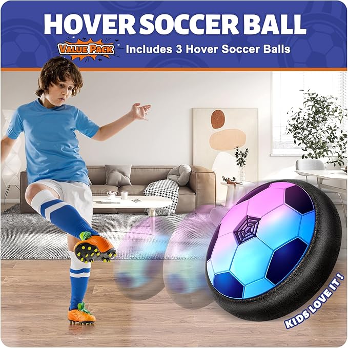 Officygnet 3 Pack Hover Soccer Ball, Boys Toys for 3, 4, 5, 6, 7, 8 Year Olds, Air Floating Soccer Toy with LED Lights, Indoor Toys Games for Kids Ages 4-8, 4-6 - Ideal Soccer Gifts for Boys 8-12