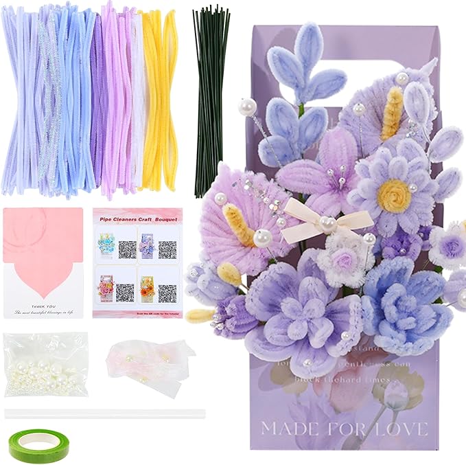 ERNTRNL Pipe Cleaners Craft - Pipe Cleaners Flower Bouquet Supply Kit for Craft Art Project Activity, Birthday Mother’s Day Graduations Anniversaries Gifts