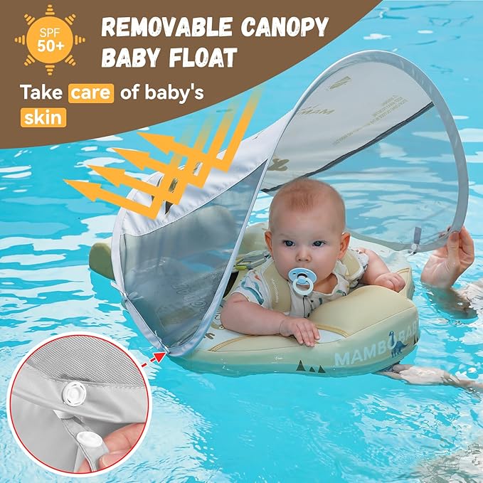 Mambobaby Baby Swim Float with Canopy Non-Inflatable Infant Pool Float with Tail 3-24 Months Avoid Flip Solid Skin-Friendly Material for Toddler Boys Girls
