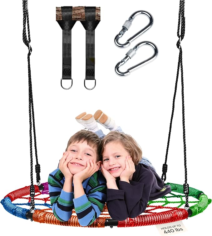 PLAYVIBE Spider Web Tree Swing Gift - 40 in Multicolor Saucer Swing - 440 lb Capacity with Hanging Straps & Carabiners - Weather-Resistant Outdoor Play for Kids & Toddlers Year-Round Family Fun