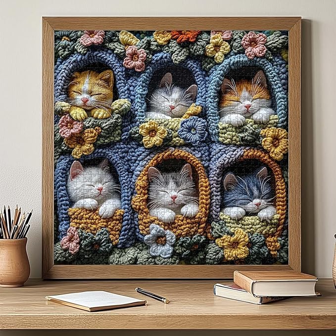 Cat Puzzles for Adults 1000 Pieces, PICKFORU Cute Kitten Puzzle Wildflowers Embroidery, Difficult Animal Flower Art Theme as Wall Decor