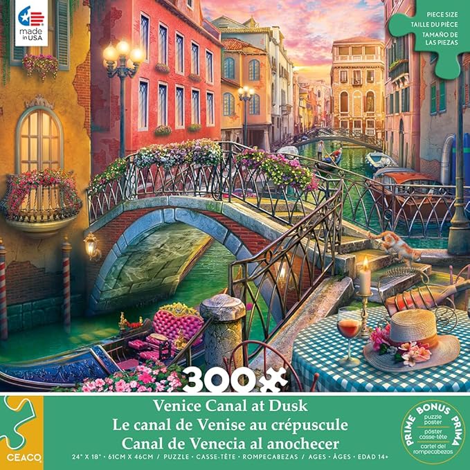 Ceaco - Large Piece Jigsaw Puzzle - Ann Jasperson - Venice Canal at Dusk - Relaxing and Fun Activity for Adults
