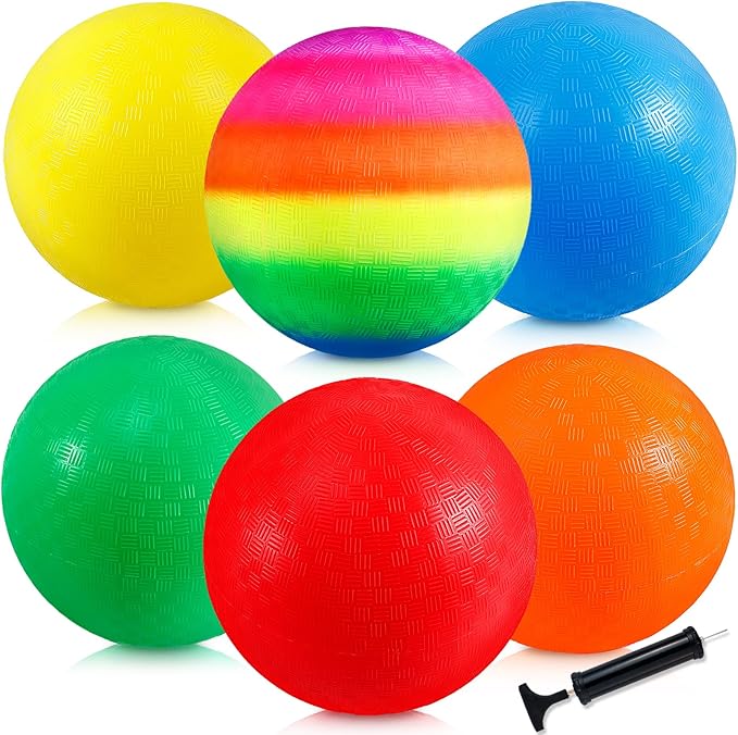 6 Pack Playground Balls, 8.5 inch Dodgeballs for Adults, Dodge Kick Ball with Hand Pump, Kickball Handball Dodgeball for Indoor Outdoor Yard Games(Orange, Red, Yellow, Blue, Rainbow, Green)