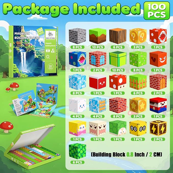 Magnetic Blocks, 100PCS Magnetic Building Blocks, Stacking Magnetic for Kids, Sensory Toy for STEM Constructions Magnetic Blocks for Boys Girls Age 3+, Holiday Birthday Gifts