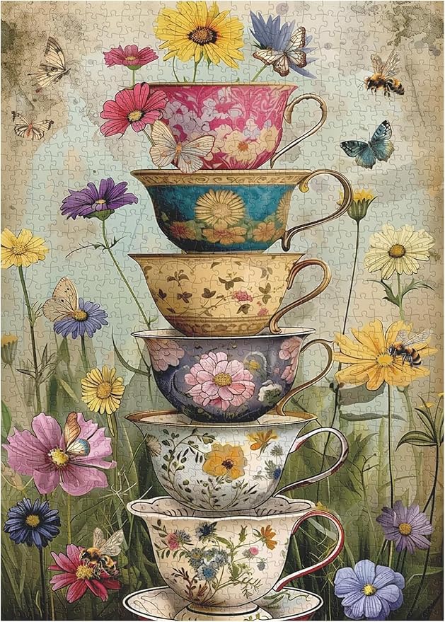 Vintage Flower Cup Puzzle for Adults 1000 Pieces, Nature Challenging Spring Floral Plant Puzzles, Retro Cups Garden Puzzle with Butterfly and Bee as Home Wall Art Decor