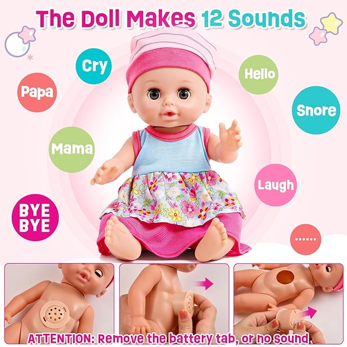 Golray 12in Girl Baby Doll Crib and High Chair Set - Sound&Pee Interactive Baby Doll with 20pcs Accessories Diaper Bag/Cradle/2 Clothes, Feeding Nursery Pretend Play Toddler Girl Toy Gift 3 4 5 6 Year