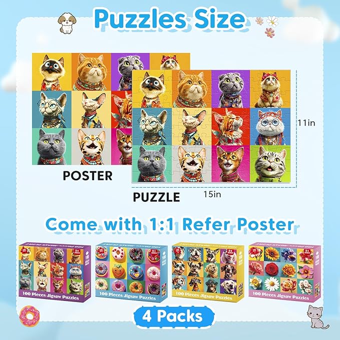 4 Packs 100 Piece Puzzles for Kids - Dogs Cats Donuts Flowers Puzzles for Kids Ages 4-6 6-8 8-10, Large Piece Puzzles for Kids & Seniors Adults Jigsaw Puzzles Educational Gifts for Girls Boys