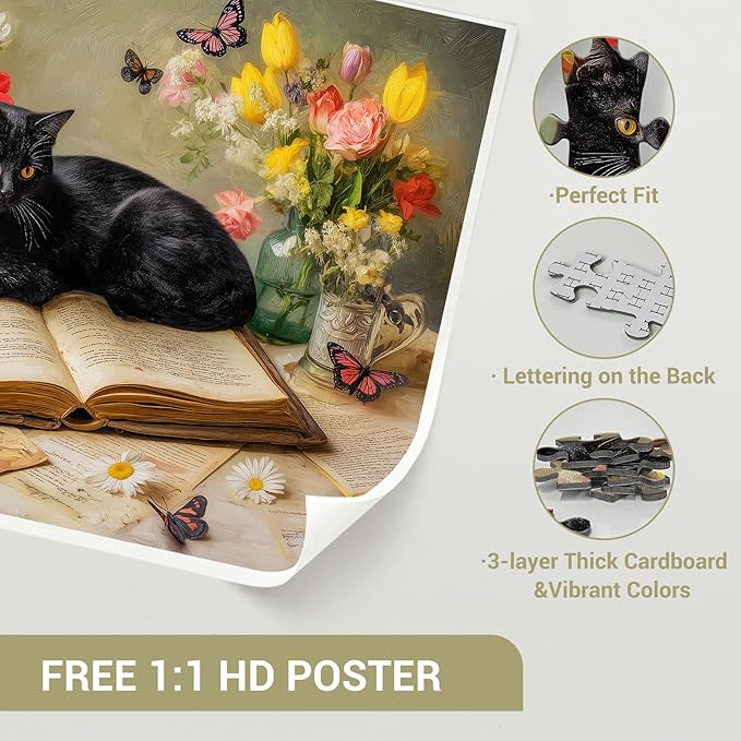 Cat on Book with Flowers Puzzles for Adults 1000 Pieces, Impossible Hard Difficult Challenging Jigsaw Puzzle 1000 Pieces, Christmas Birthday Gifts Home Decor for Adults/Friends/Family