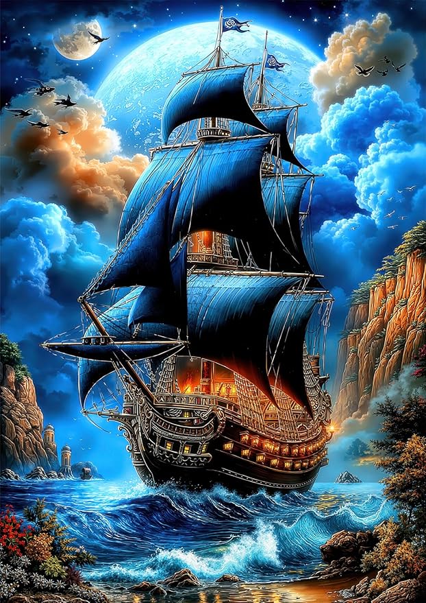 Moonlit Galleon 1000 Piece Puzzle for Adults - Fantasy Nautical Art, Mystical Coastal Scene, Poster & Lettered Back, 20"x28" HD, Gift for Adventure & Nature Lovers