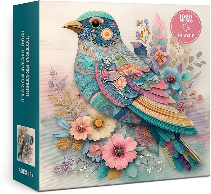Vintage Flower Bird Puzzle 1000 Pieces for Adults, Colorful Totem Floral Collage Jigsaw Puzzle, Spring Bohemian Animal Art Puzzles