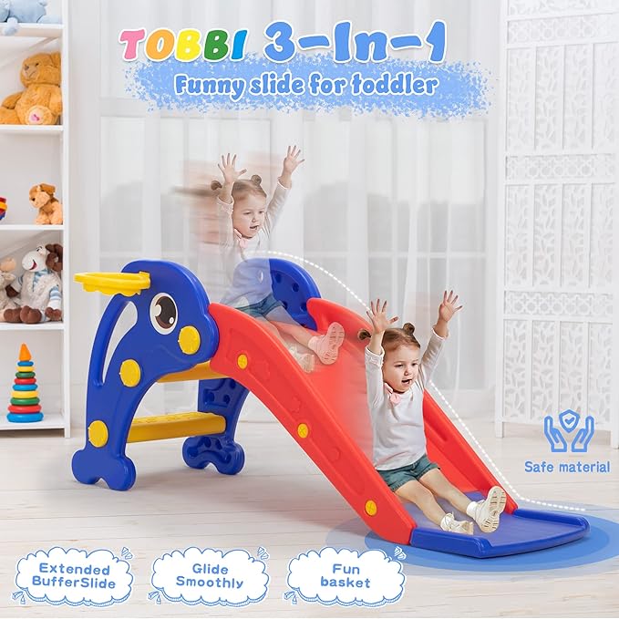 TOBBI Slide for Toddlers Ages 1-3 Indoor Outdoor w/Basketball Hoop & Ball, Baby Slide Playset for Backyard, Freestanding Slide Climber Toys for Kids, Red