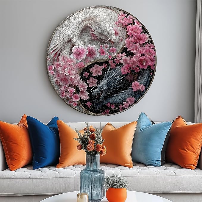 PICKFORU Dragon Puzzles for Adults 1000 Pieces, Fantasy Dinosaur Round Puzzle Flower Yinyang Animal, Floral Circle Unique Art Challenge Jigsaw Puzzle