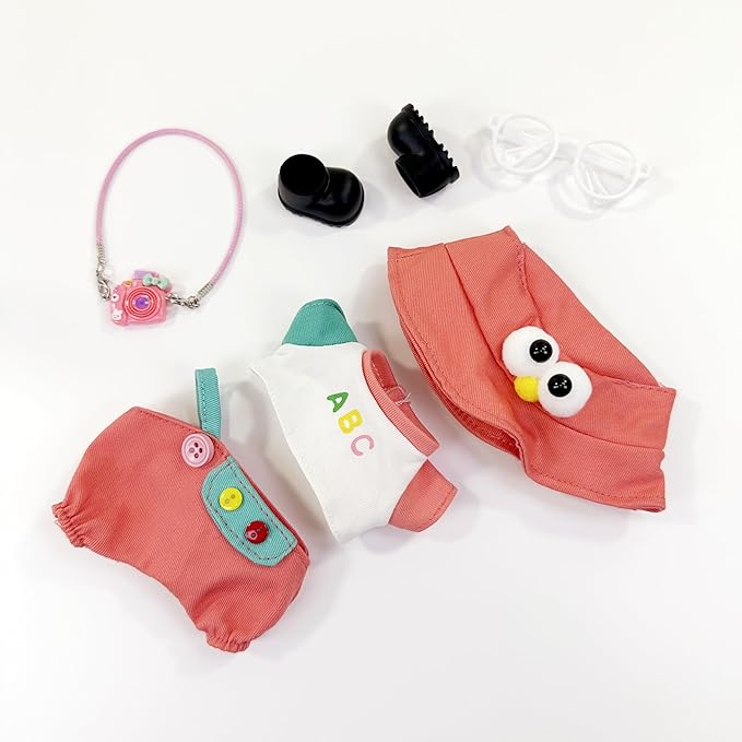 Stylish Adorable 17cm Dolls Clothes, 6PCS Doll Outfits Dress-Up with Hat + Top + Pants + Glasses + Shoes + Pendant Accessories (No Dolls) Red