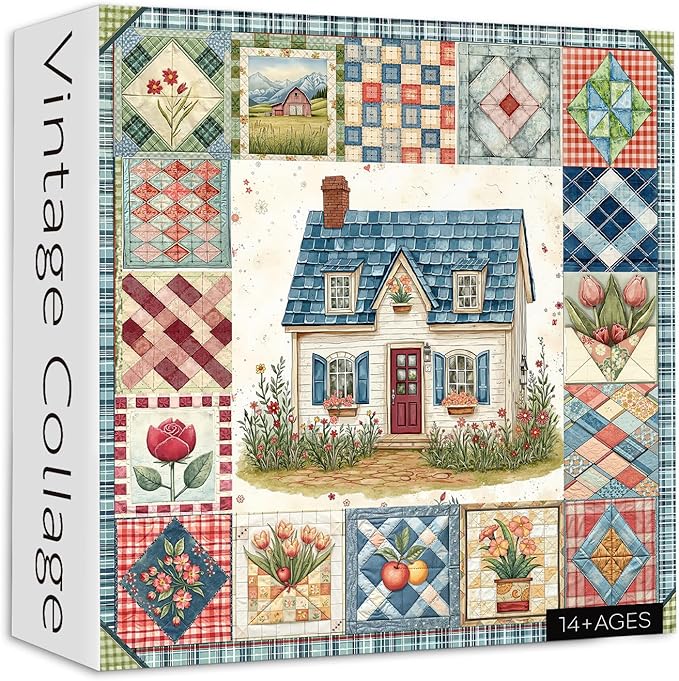 Patchwork Puzzles for Adults 1000 Pieces, PICKFORU Vintage Collage Puzzles House, Retro Spring Flower Pattern Puzzle as Wall Decor