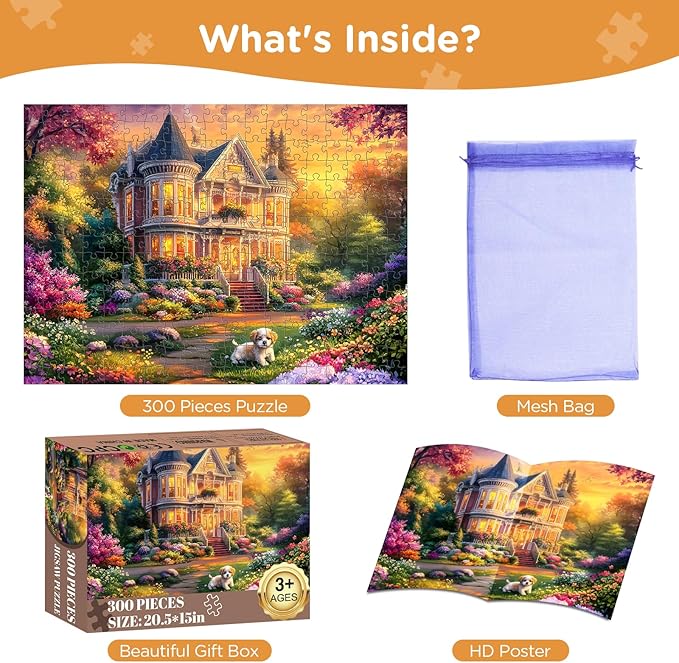 300 Piece Puzzles for Adults, Jigsaw Puzzles 300 Pieces Beautiful House Building Puzzle, Dog Puzzles for Adults Kids Seniors Recycled Cardboard Puzzle Games Family Activity Night Gift Toy 20.5x15in