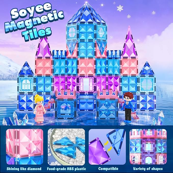 Magnetic Tiles 102pcs with 2 Stairs 2 Dolls Princess Castle Building Girls Toys Age 4-5 6-8 Magnetic Blocks Birthday Xmas Gifts for Girls Toys for 3 4 5 6 7 8+ Year Old
