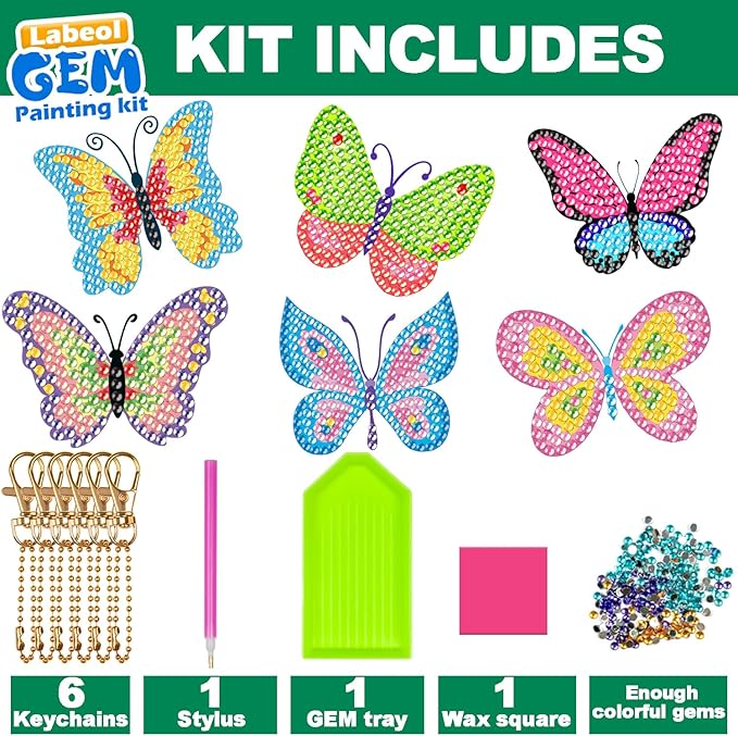 Labeol Arts and Crafts for Kids Ages 8-12 - Creat Your Own GEM Keychains-5D Diamond Art by Numbers GEM Art Kits for Kids Girls Toddler Crafts Age 6-7 6-8 10-12 (Butterfly)