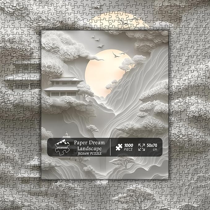 Impossible Landscape Puzzles for Adults 1000 Pieces，White Paper Art Mountain Puzzles Clouds Moon Scenery,Unique Scenic Nature Jigsaw Puzzles Building, Hard Difficult Challenge for Adult