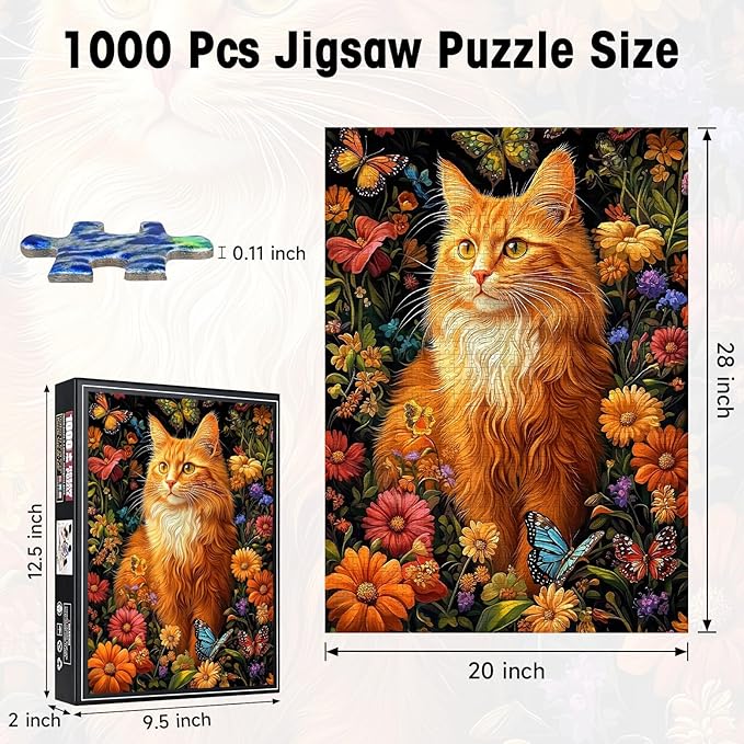 Orange Cat & Butterfly Puzzles for Adults 1000 Pieces, Floral Jigsaw Puzzle with Letters on Back, 20x28 Inch Wall Art, Challenging Family Game, Easter