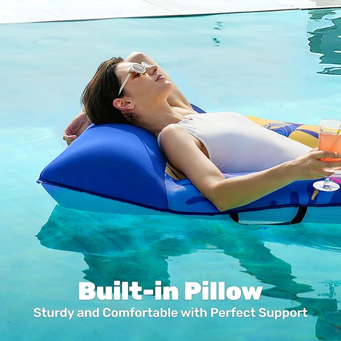 SLOOSH Inflatable Pool Floats Lounger - XL Fabric Covered Pool Mat Floaties for Adults, Ultra Comfort Water Floating Lounger with Headrest for Beach Lake Swimming Pool Float Raft 68"X34"